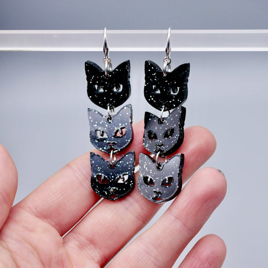 Lucky Black Cat Earrings - Black Glitter